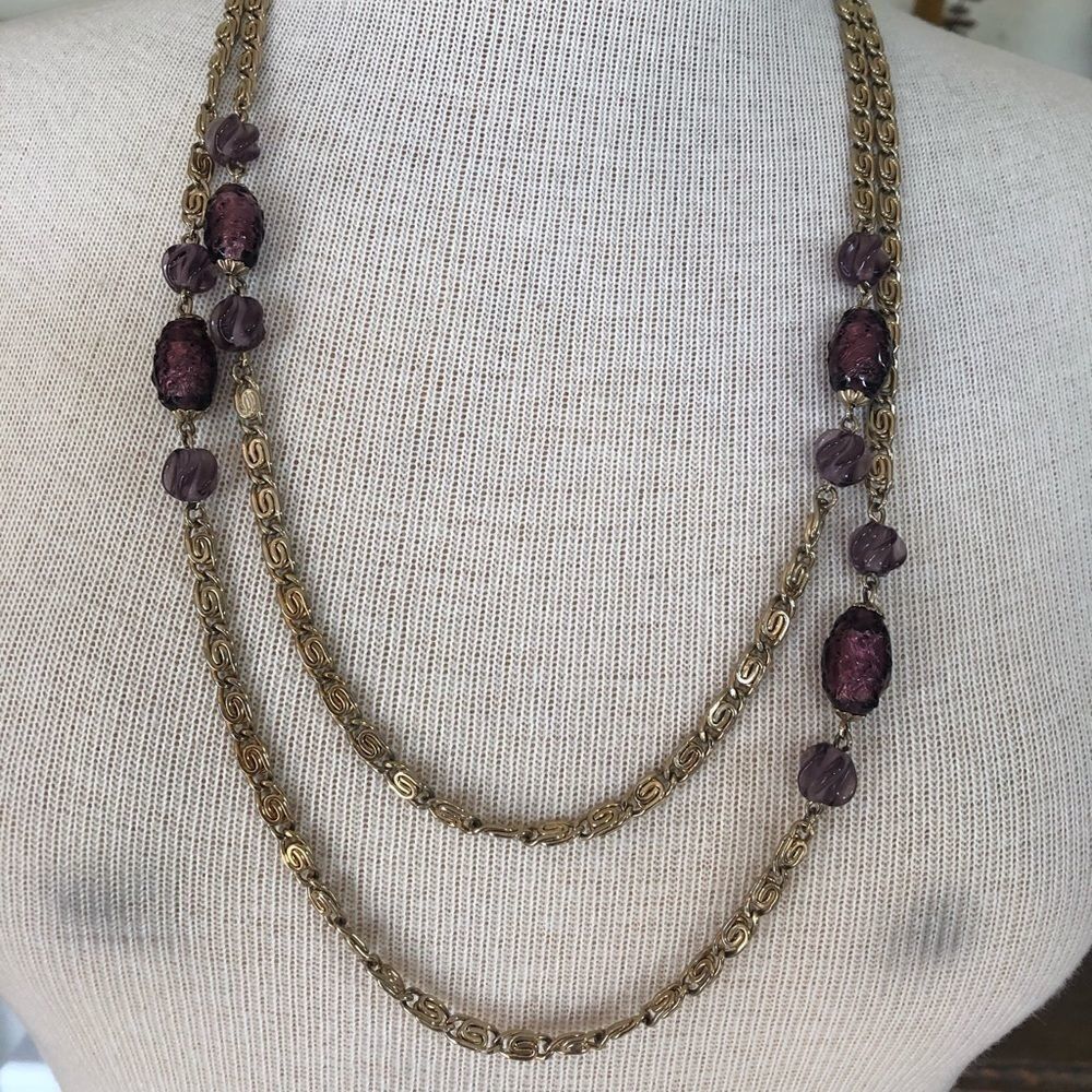 Vintage Cora Gold Tone Necklace with Purple Beads